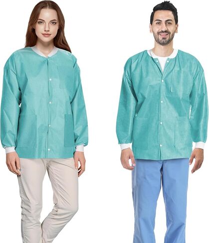 AMZ Medical Supply Teal Disposable Lab Coats for Adults, Small. Pack of 10 Disposable Lab Coat 45 GSM SMS. Disposable Coats Medical. Adult Lab Coat Disposable with Knitted Cuffs, Collar, 3 Pockets in Kuwait