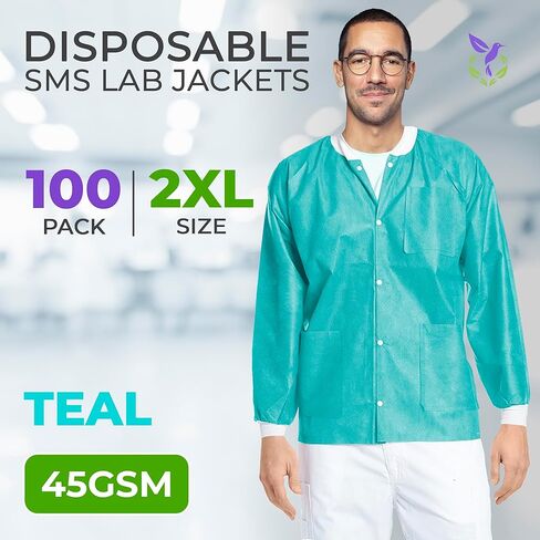 AMZ Medical Supply Teal Disposable Lab Coats for Adults, Small. Pack of 10 Disposable Lab Coat 45 GSM SMS. Disposable Coats Medical. Adult Lab Coat Disposable with Knitted Cuffs, Collar, 3 Pockets in Kuwait