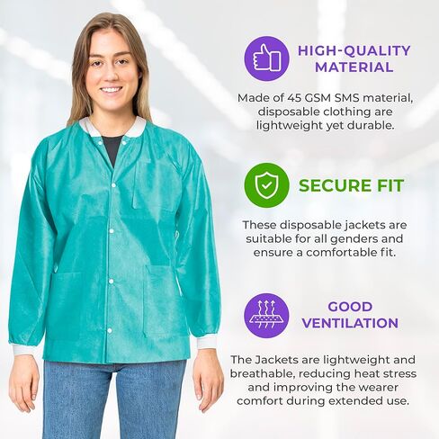 AMZ Medical Supply Teal Disposable Lab Coats for Adults, Small. Pack of 10 Disposable Lab Coat 45 GSM SMS. Disposable Coats Medical. Adult Lab Coat Disposable with Knitted Cuffs, Collar, 3 Pockets in Kuwait