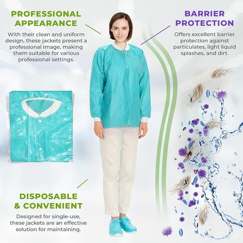 AMZ Medical Supply Teal Disposable Lab Coats for Adults, Small. Pack of 10 Disposable Lab Coat 45 GSM SMS. Disposable Coats Medical. Adult Lab Coat Disposable with Knitted Cuffs, Collar, 3 Pockets in Kuwait
