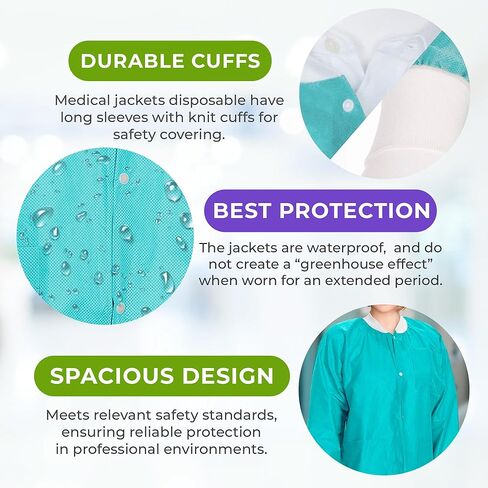 AMZ Medical Supply Teal Disposable Lab Coats for Adults, Small. Pack of 10 Disposable Lab Coat 45 GSM SMS. Disposable Coats Medical. Adult Lab Coat Disposable with Knitted Cuffs, Collar, 3 Pockets in Kuwait
