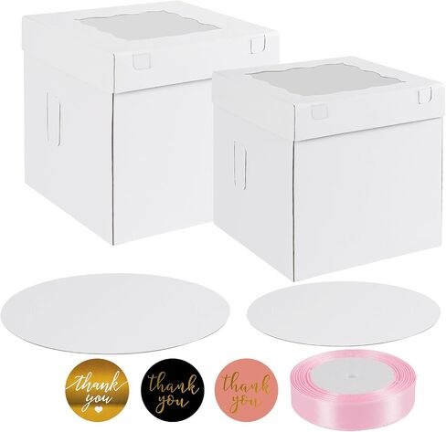 6 Pcs Corrugated Tall Cake Boxes in 2 Sizes 10x10x12 and 12x12x14 inch with Cake Boards, Large Cake Boxes with Stickers for Christmas Wedding Birthday Party in Saudi Arabia