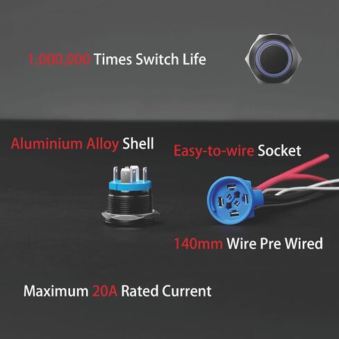 LED Latching Push Button Switch, Aluminum Alloy, IP67 Waterproof 5-24V 20A 1NO, with Wire Socket Plug (1, Blue, 19mm) in Saudi Arabia