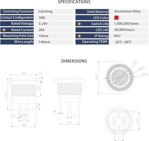 LED Latching Push Button Switch, Aluminum Alloy, IP67 Waterproof 5-24V 20A 1NO, with Wire Socket Plug (1, Blue, 19mm) in Saudi Arabia