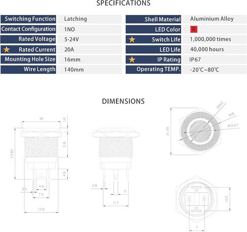 LED Latching Push Button Switch, Aluminum Alloy, IP67 Waterproof 5-24V 20A 1NO, with Wire Socket Plug (1, Blue, 19mm) in Saudi Arabia