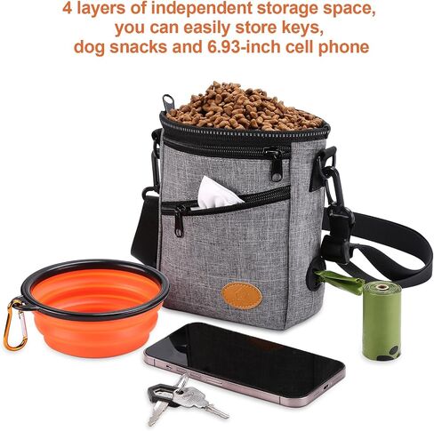 Ownpets Dog Training Pouch with Silicone Liner, Pet Treat Training Pouch with Collapsible Bowl, Shoulder Strap & Waist Strap, 4 Ways to Wear, Walking Fanny Pack for Dog Training - Grey in Kuwait