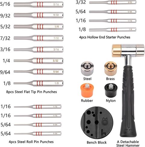 Pridefend Punch Set,Brass Punch Set and Roll Pin Punch Set Made of Solid Material Including Steel Pin Punch Set and Bench Block, Hammer with Detachable Heads,Punch Set with Storage Case Update in Saudi Arabia