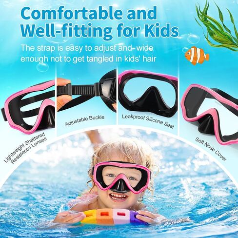 Berallo Kids Snorkel Gear قناع الغوص المضاد للضباب ومضاد للتسرب نظارات السباحة نظارات الغطس المقاومة للماء قناع الزجاج المقوى المتين للأطفال من 4 إلى 14 عامًا in Kuwait