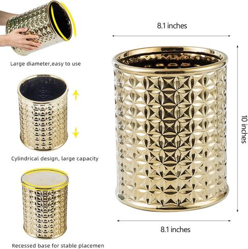 Round Silver Trash Can, Small Wastebasket, Garbage Receptacle Bin for Bathrooms, Powder Rooms, Kitchens, Home Offices - Durable Ceramics in Saudi Arabia