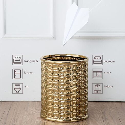Round Silver Trash Can, Small Wastebasket, Garbage Receptacle Bin for Bathrooms, Powder Rooms, Kitchens, Home Offices - Durable Ceramics in Saudi Arabia