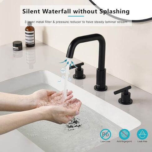 Matte Black Bathroom Faucet, OMEKNTOP 8 Inch Black Bathroom Faucet 3 Hole with 360° Swivel Gooseneck and cUPC Hose, Two Handle Bathroom Sink Faucet for Basin Lavatory Vanity in Saudi Arabia