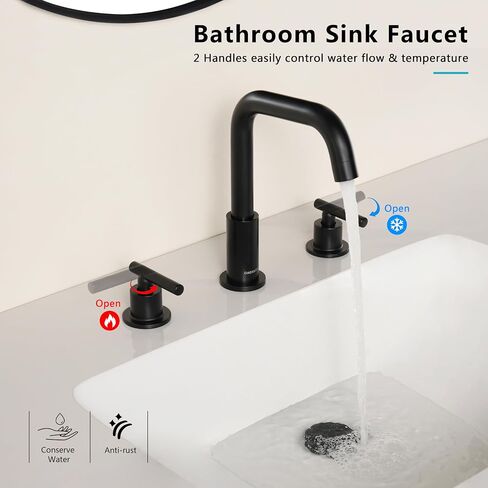 Matte Black Bathroom Faucet, OMEKNTOP 8 Inch Black Bathroom Faucet 3 Hole with 360° Swivel Gooseneck and cUPC Hose, Two Handle Bathroom Sink Faucet for Basin Lavatory Vanity in Saudi Arabia