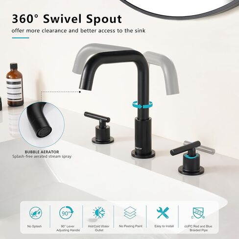 Matte Black Bathroom Faucet, OMEKNTOP 8 Inch Black Bathroom Faucet 3 Hole with 360° Swivel Gooseneck and cUPC Hose, Two Handle Bathroom Sink Faucet for Basin Lavatory Vanity in Saudi Arabia