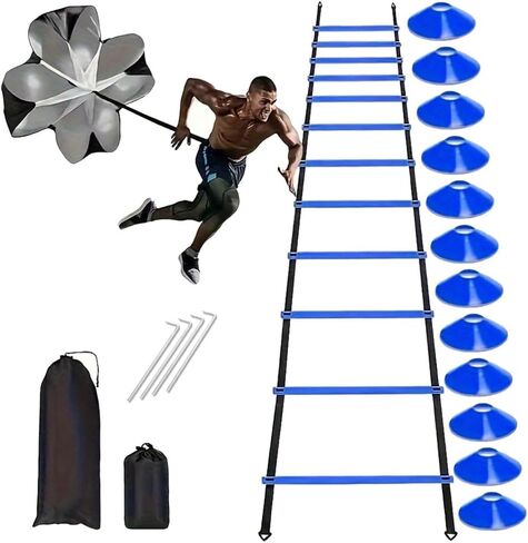 Agility Ladder Speed Training Equipment Set 20ft Agility Ladder, 4 Steel Stakes, 12 Soccer Cones, Running Parachute and Carry Bag, Speed Training Equipment for Soccer Football Basketball in Saudi Arabia
