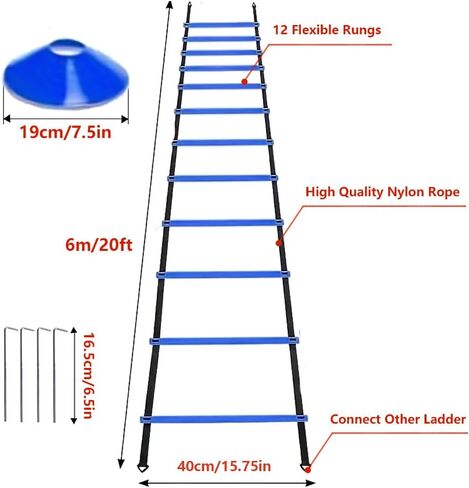 Agility Ladder Speed Training Equipment Set 20ft Agility Ladder, 4 Steel Stakes, 12 Soccer Cones, Running Parachute and Carry Bag, Speed Training Equipment for Soccer Football Basketball in Saudi Arabia