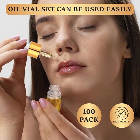 Essential Oil Vial Set (1ml x 100 Pack) - Premium Glass Dropper Bottles, Golden Caps, Empty Tincture & Perfume Travel Containers, Includes Funnel + 2 Plastic Droppers, Luxury Gift Box in Saudi Arabia