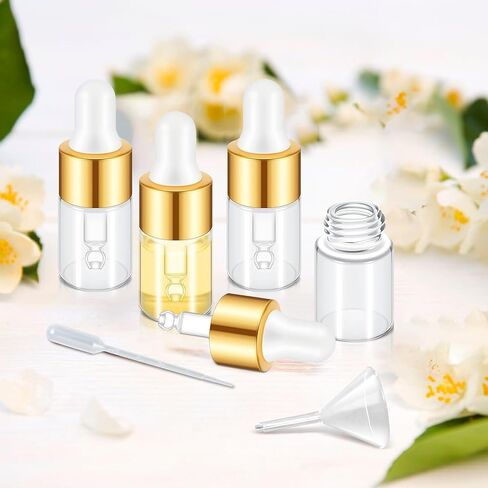 Essential Oil Vial Set (1ml x 100 Pack) - Premium Glass Dropper Bottles, Golden Caps, Empty Tincture & Perfume Travel Containers, Includes Funnel + 2 Plastic Droppers, Luxury Gift Box in Saudi Arabia