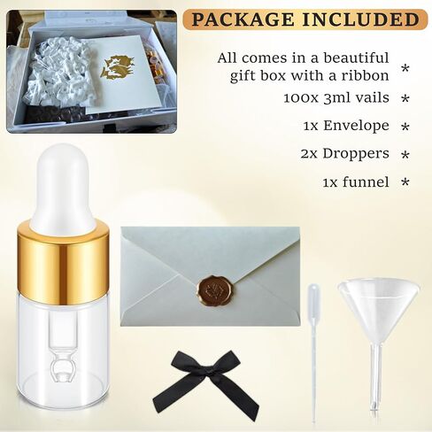 Essential Oil Vial Set (1ml x 100 Pack) - Premium Glass Dropper Bottles, Golden Caps, Empty Tincture & Perfume Travel Containers, Includes Funnel + 2 Plastic Droppers, Luxury Gift Box in Saudi Arabia