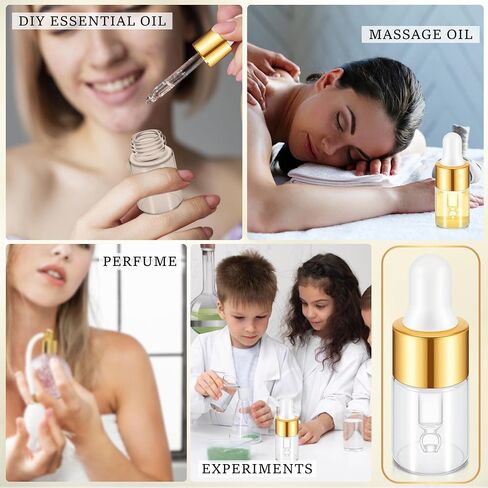 Essential Oil Vial Set (1ml x 100 Pack) - Premium Glass Dropper Bottles, Golden Caps, Empty Tincture & Perfume Travel Containers, Includes Funnel + 2 Plastic Droppers, Luxury Gift Box in Saudi Arabia