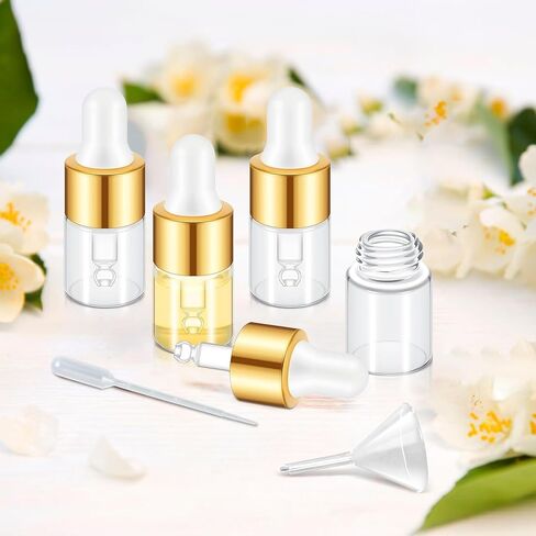 Essential Oil Vial Set (1ml x 100 Pack) - Premium Glass Dropper Bottles, Golden Caps, Empty Tincture & Perfume Travel Containers, Includes Funnel + 2 Plastic Droppers, Luxury Gift Box in Saudi Arabia