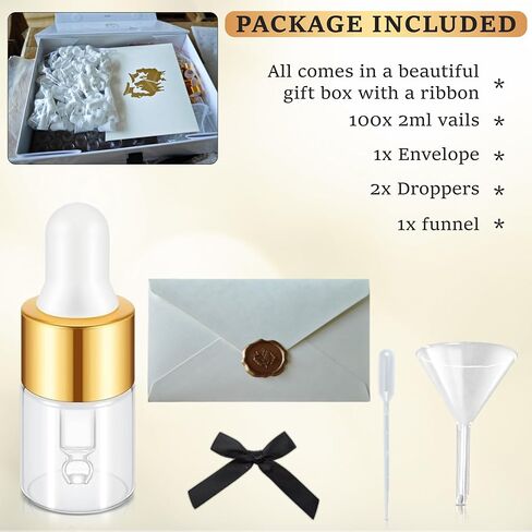 Essential Oil Vial Set (1ml x 100 Pack) - Premium Glass Dropper Bottles, Golden Caps, Empty Tincture & Perfume Travel Containers, Includes Funnel + 2 Plastic Droppers, Luxury Gift Box in Saudi Arabia