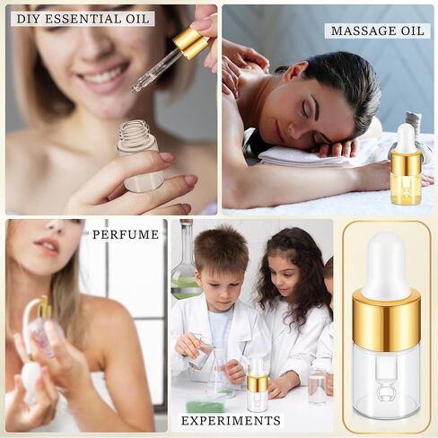 Essential Oil Vial Set (1ml x 100 Pack) - Premium Glass Dropper Bottles, Golden Caps, Empty Tincture & Perfume Travel Containers, Includes Funnel + 2 Plastic Droppers, Luxury Gift Box in Saudi Arabia