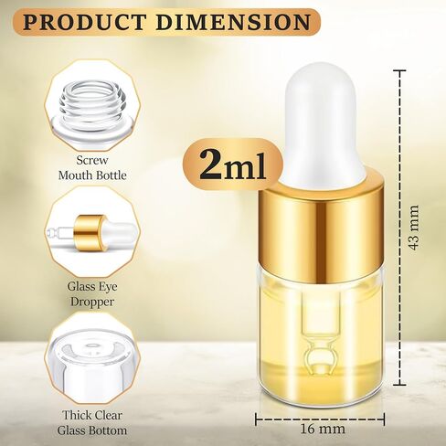 Essential Oil Vial Set (1ml x 100 Pack) - Premium Glass Dropper Bottles, Golden Caps, Empty Tincture & Perfume Travel Containers, Includes Funnel + 2 Plastic Droppers, Luxury Gift Box in Saudi Arabia
