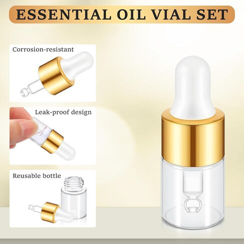 Essential Oil Vial Set (1ml x 100 Pack) - Premium Glass Dropper Bottles, Golden Caps, Empty Tincture & Perfume Travel Containers, Includes Funnel + 2 Plastic Droppers, Luxury Gift Box in Saudi Arabia