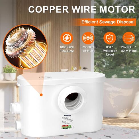Macerator Pump, Silent 250W Sewage Sump Pump, 6000 L/h Flow, Upflush 26.3ft Head, IPX7, Utility Sink Pump with 2 Inlets for Wastewater Disposal in Basement Shower Bathtub Laundry Kitchen RVs in Saudi Arabia