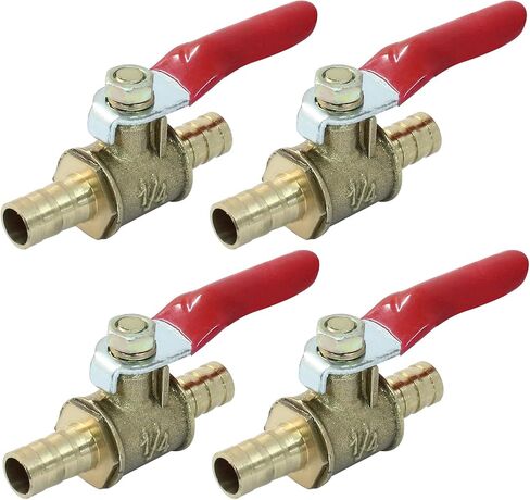 Waziaqoc 4 Pcs 1/4 Inch Hose Barb Ball Valve, Mini Brass Shut Off, Pipe Tubing Fitting with Clamps for Water Air Fuel, 180 Degree Operation Handle in Saudi Arabia