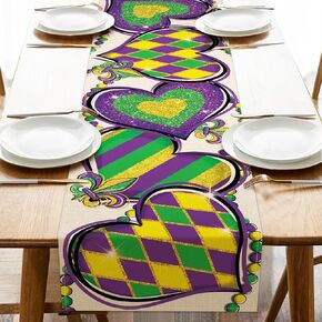 Mardi Gras Love Hearts Table Runner, Glitter Diamond Stripes New Orleans Carnival Kitchen Dining Table Decoration, Fleur De Lis Beads Burlap Indoor Outdoor Home Decor Party Supply 13 x 72 Inches