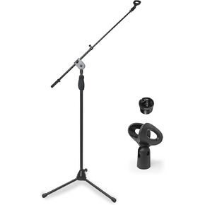 AxcessAbles AXCMS-201TB One Hand Microphone Stand with Tripod Base and Quick Grip Height Adjustment - Telescoping Mic Boom Arm Included. Tall Microphone Stand for Singing 2-Pack