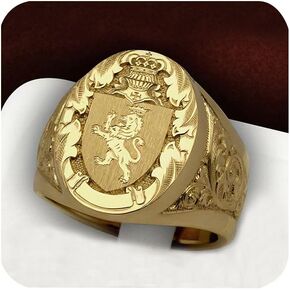 925 Sterling Silver Plated 18K Yellow Gold Men's Ring Crown Lion Shield Badge Ring Royal Seal Ring Animal Pattern Hip hop Ring Cocktail Party Ring of Gift for Men Size 7-13 HM021