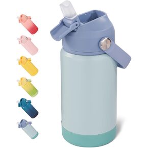 12oz Water Bottle, Kids Water Bottles for School, Toddler Water Bottle with Straw & Handle, 304 Stainless Steel Insulated Water Bottle, Non-slip Silicone Base, BPA Free, Haze Blue