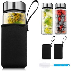 SIEROZUR 16oz Glass Juice Bottles with Lids for Juicing - 4 Pack Reusable Clear Glass Water Bottles with Stainless Steel Cap and Protection Sleeve, Wide Mouth 100% Leak Proof, BPA Free