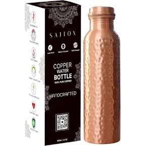 Pure Copper Water Bottle - Indian Handmade Ayurveda Healing Water Bottle for Drinking, Travel, Hiking, Gym, Office, Outdoor - Hammered Finish - 950 ml