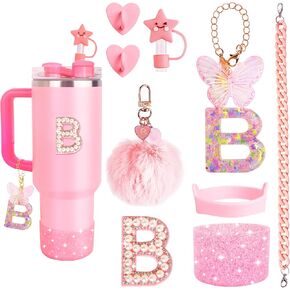 8 Pcs Pink Accessories Set for Stanley Cup 30 oz 40 oz, Silicone Glitter Boot, Star Straw Cover, Pom-Pom Charm, Letter Charm, Water Bottle Handle, Initial Sticker for Stanley Tumbler (M) in Kuwait