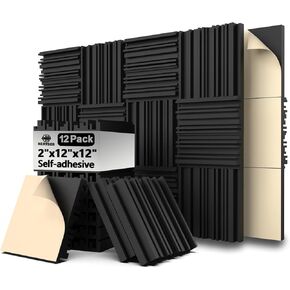 6 Pack Sound Proof Foam Panels for Walls, Self-adhesive Grooved Black Acoustic Panels, 12x12x2 Inches High Density Soundproof Wall Panelsl for Echoes Absorption and Noise Reduction