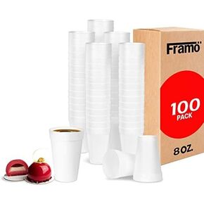 FRAMO 8 Oz Foam Cups Lightweight Insulated Foam Cups for Coffee, Cold Drinks & Other Hot Beverages - Disposable Drinking Cups for Parties, Picnic, BBQ, Travel, & Events (100)