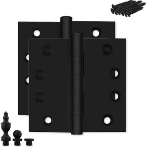 Black Door Hinge Matte Black Ball Bearing 4.5 x 4.5 Inch Heavy Duty with Decorative Screw-on Tips Included - Set of 2 Solid Brass Matte Black Door Hinges (Flat Black)