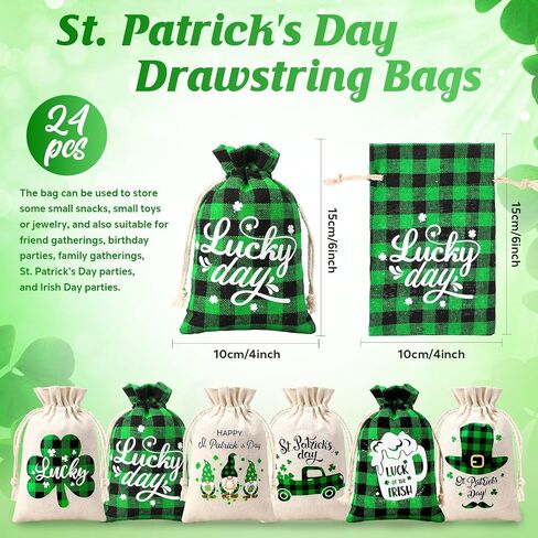 Silkfly 24 PCS ST Patrick's Goodie Gift Bag Bag With Carring Shamrock Burlap Bags Irish Candy Treat Pouch Sacks for St Patrick's Day Party Supplies (5 × 7 بوصة) in Kuwait