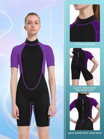 REALON Shorty Wetsuit Women 3mm, Short Sleeves Swimsuit One Piece Neoprene Surfing Wet Suits, Adult Shortie for Snorkeling, Kayaking, Swimming and Free Diving (3mm Shorty Blue, X-Large) in Kuwait