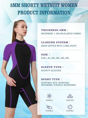 REALON Shorty Wetsuit Women 3mm, Short Sleeves Swimsuit One Piece Neoprene Surfing Wet Suits, Adult Shortie for Snorkeling, Kayaking, Swimming and Free Diving (3mm Shorty Blue, X-Large) in Kuwait