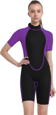 REALON Shorty Wetsuit Women 3mm, Short Sleeves Swimsuit One Piece Neoprene Surfing Wet Suits, Adult Shortie for Snorkeling, Kayaking, Swimming and Free Diving (3mm Shorty Blue, X-Large) in Kuwait