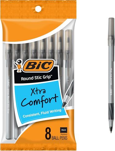 BIC Round Stic Grip Xtra Comfort Black Ballpoint Pens; Medium Point (1.2mm); 8-Count Pack; Perfect Writing Pens With Soft Grip for Superb Comfort and Control in Saudi Arabia