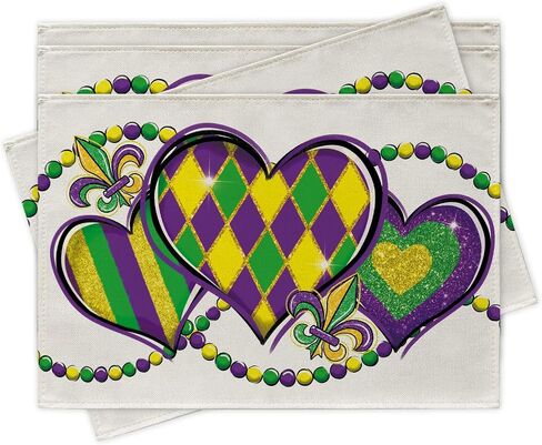 Mardi Gras Love Hearts Table Runner, Glitter Diamond Stripes New Orleans Carnival Kitchen Dining Table Decoration, Fleur De Lis Beads Burlap Indoor Outdoor Home Decor Party Supply 13 x 72 Inches in Saudi Arabia