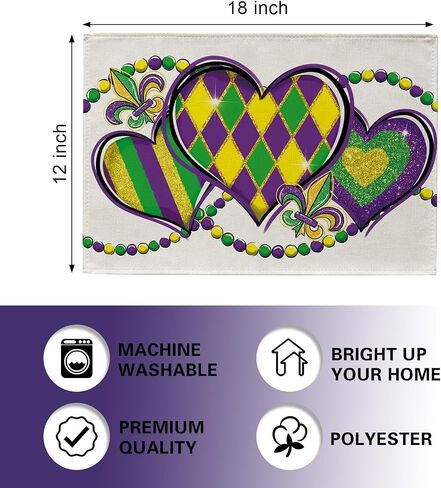 Mardi Gras Love Hearts Table Runner, Glitter Diamond Stripes New Orleans Carnival Kitchen Dining Table Decoration, Fleur De Lis Beads Burlap Indoor Outdoor Home Decor Party Supply 13 x 72 Inches in Saudi Arabia