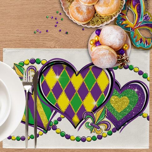 Mardi Gras Love Hearts Table Runner, Glitter Diamond Stripes New Orleans Carnival Kitchen Dining Table Decoration, Fleur De Lis Beads Burlap Indoor Outdoor Home Decor Party Supply 13 x 72 Inches in Saudi Arabia