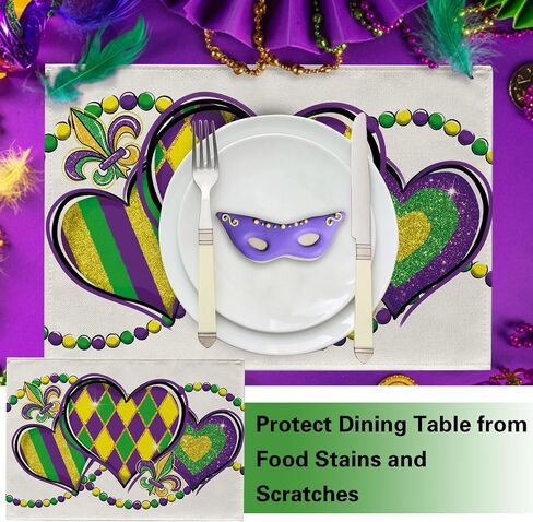 Mardi Gras Love Hearts Table Runner, Glitter Diamond Stripes New Orleans Carnival Kitchen Dining Table Decoration, Fleur De Lis Beads Burlap Indoor Outdoor Home Decor Party Supply 13 x 72 Inches in Saudi Arabia