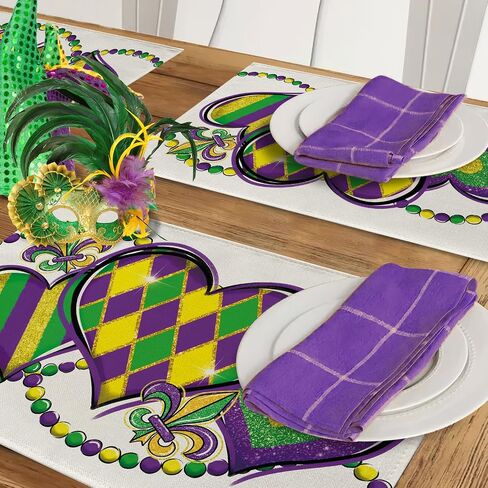 Mardi Gras Love Hearts Table Runner, Glitter Diamond Stripes New Orleans Carnival Kitchen Dining Table Decoration, Fleur De Lis Beads Burlap Indoor Outdoor Home Decor Party Supply 13 x 72 Inches in Saudi Arabia